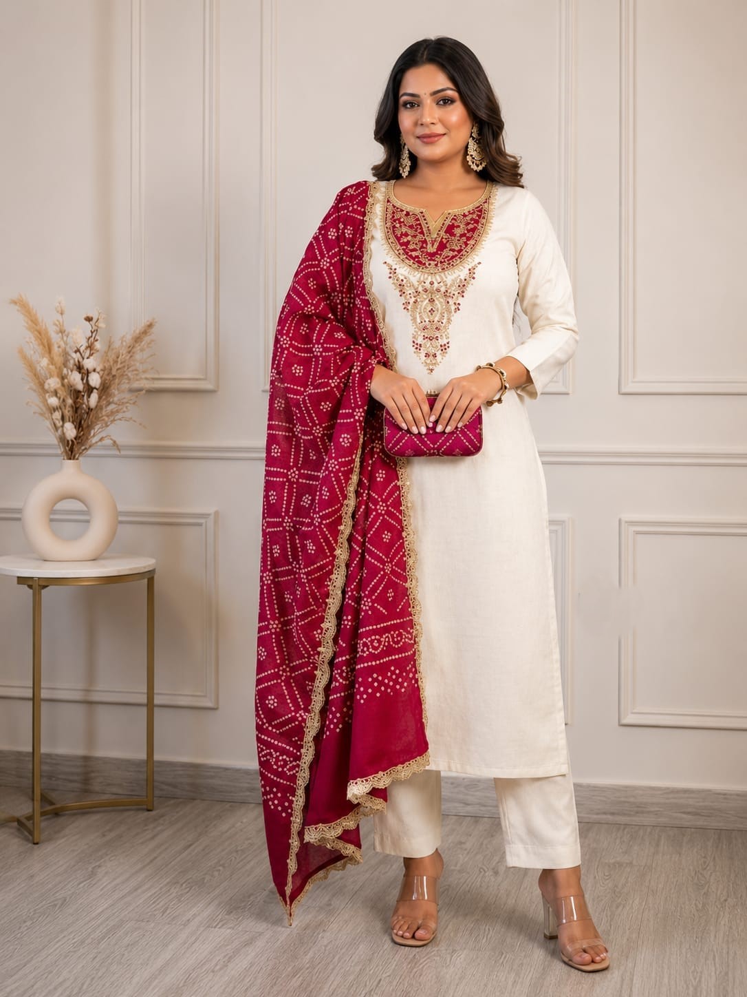 Off-White Embroidered Kurta with Magenta Bandhani Dupatta Set
